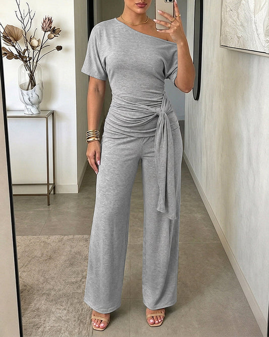 Women's Skew Neck 2 Piece Outfits Ruched Tie Waist Short Sleeve Top and High Waisted Wide Leg Pants Lounge Set