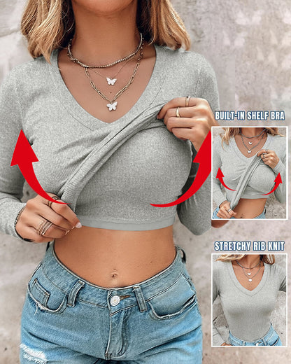 Women's V Neck Long Sleeve Ribbed Knit Top Slim Fit Base Layer Shirt Soft Stretchy Casual Tee with Built-in Bra