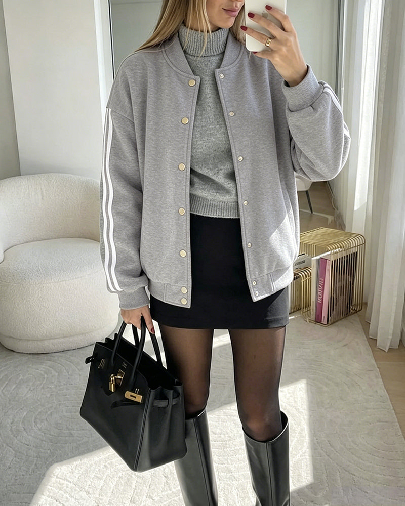 Women's Varsity Jacket Contrast Side Striped Loose Baseball Jacket Button Up Bomber Jacket