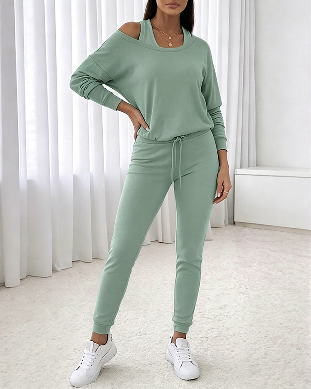 Women's 3 Piece Tracksuit Set Cold Shoulder Sweatshirt and Tank Top and High Waisted Jogger Pants Casual Lounge Workout Outfit