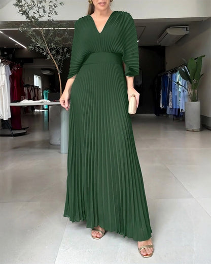 Deep V-Neck Batwing Sleeve High Waist Pleated Maxi Dress Casual Cinched Waist Backless Tied Detail Zipper Back Evening Dress