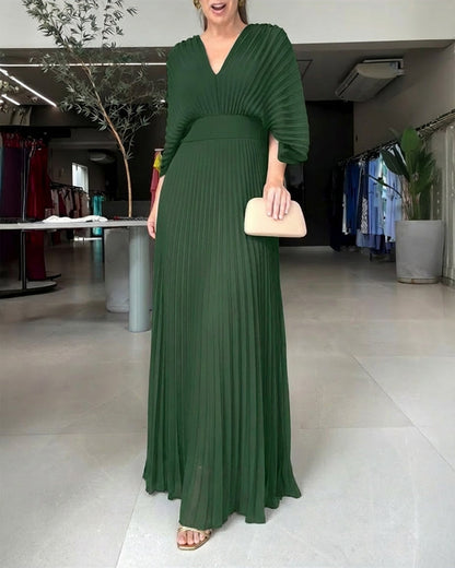 Deep V-Neck Batwing Sleeve High Waist Pleated Maxi Dress Casual Cinched Waist Backless Tied Detail Zipper Back Evening Dress