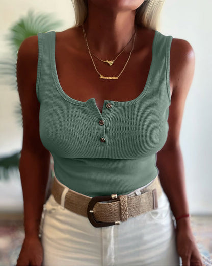 U-Neck Sleeveless Half Button Front Tank Slim Fit Backless Knit Waffle Tank Top