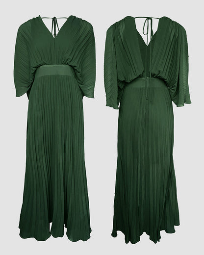 Deep V-Neck Batwing Sleeve High Waist Pleated Maxi Dress Casual Cinched Waist Backless Tied Detail Zipper Back Evening Dress