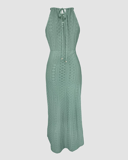 Adjustable Halter Hollow-out Back Ruched Front Slit Dress Guipure Lace Yoke Eyelet Embroidery Vacation Dress