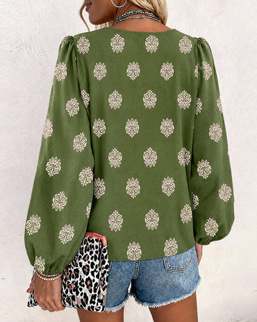 Vintage Baroque Placement Print V-Neck Lantern Sleeve Blouse Casual Long Sleeve Loose Fit Boho Top