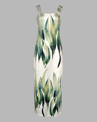 Plants Print Square Neck Thick Strap Maxi Dress Casual Slim Fit Side Slit Vacation Dress with Pockets