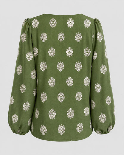Vintage Baroque Placement Print V-Neck Lantern Sleeve Blouse Casual Long Sleeve Loose Fit Boho Top