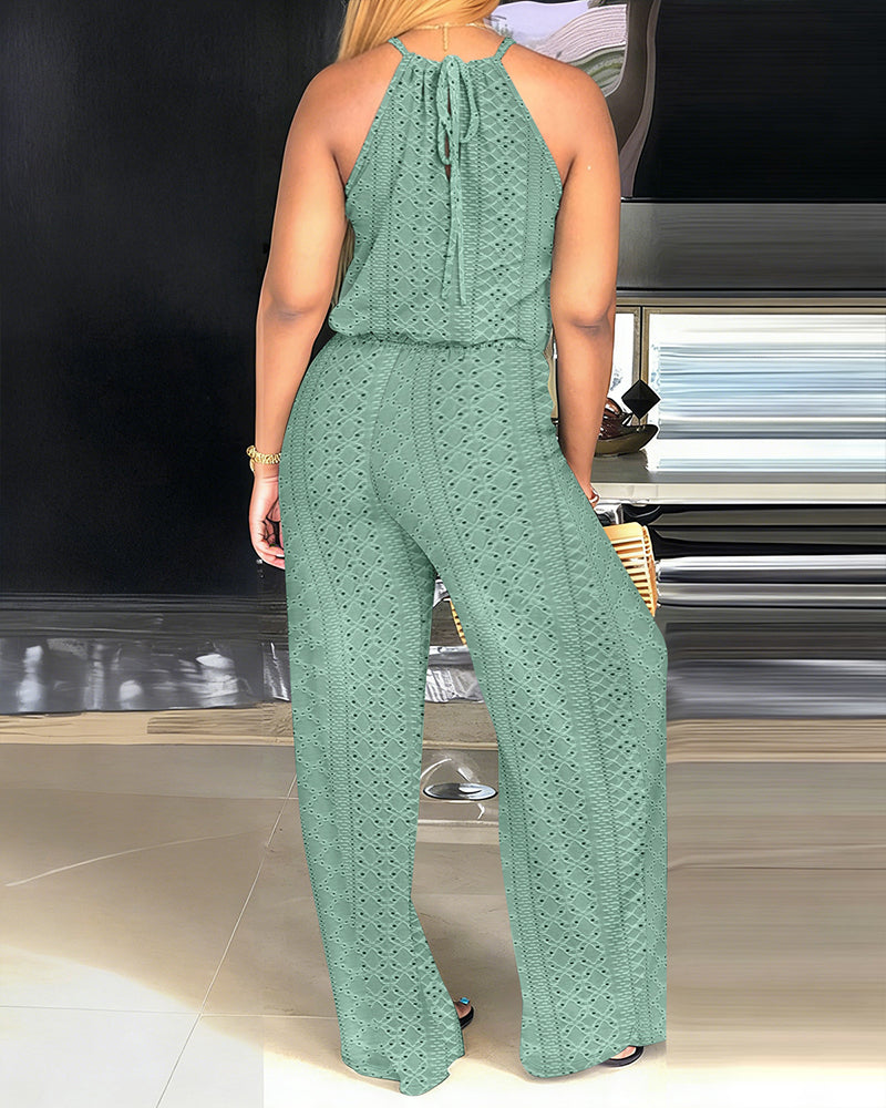 ChicMeLive Women's Halter Tie Knit Jacquard Jumpsuit Hollow-Out Criss-Cross Front Wide-Leg Romper with Adjustable Drawstring Waist