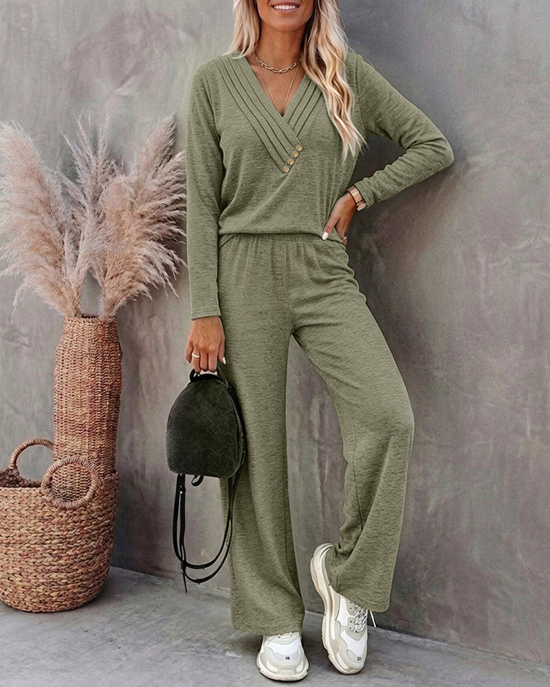 Women's 2 Piece Lounge Set V-Neck Criss-Cross Pleated Long Sleeve Top and High Waisted Straight Leg Pants with Pockets
