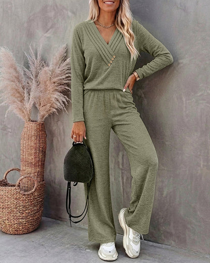 Women's 2 Piece Lounge Set V-Neck Criss-Cross Pleated Long Sleeve Top and High Waisted Straight Leg Pants with Pockets