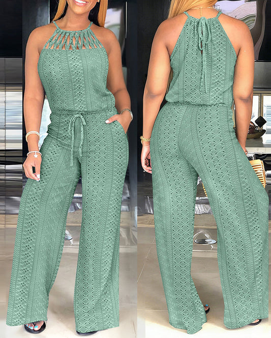 ChicMeLive Women's Halter Tie Knit Jacquard Jumpsuit Hollow-Out Criss-Cross Front Wide-Leg Romper with Adjustable Drawstring Waist