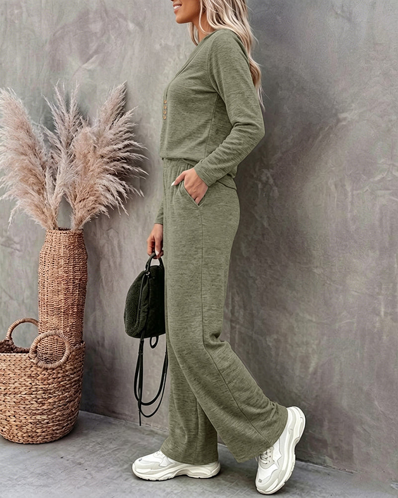 Women's 2 Piece Lounge Set V-Neck Criss-Cross Pleated Long Sleeve Top and High Waisted Straight Leg Pants with Pockets