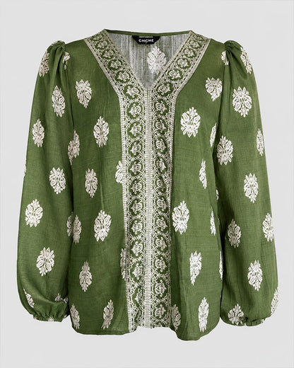 Vintage Baroque Placement Print V-Neck Lantern Sleeve Blouse Casual Long Sleeve Loose Fit Boho Top