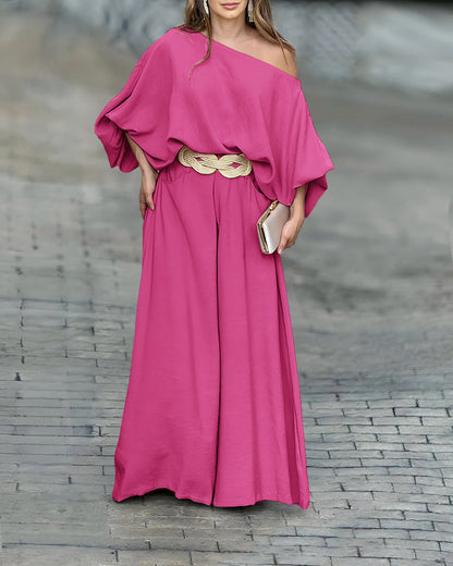 2 Pieces Outfit Turn-down Coll  Long Sleeve Button Front Satin  Shirt and Casual Vintage Floral  Print Elastic Back Waist Wide Leg  Pants Set without Belt