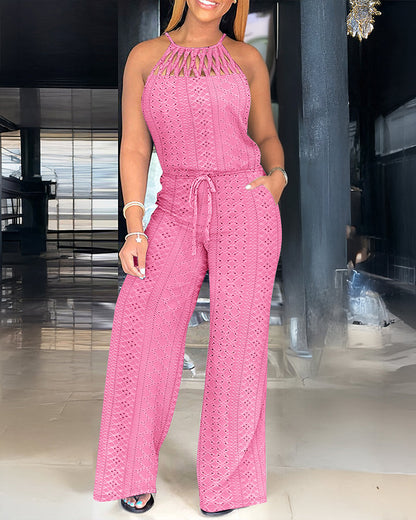 ChicMeLive Women's Halter Tie Knit Jacquard Jumpsuit Hollow-Out Criss-Cross Front Wide-Leg Romper with Adjustable Drawstring Waist