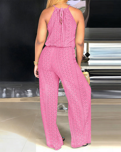 ChicMeLive Women's Halter Tie Knit Jacquard Jumpsuit Hollow-Out Criss-Cross Front Wide-Leg Romper with Adjustable Drawstring Waist