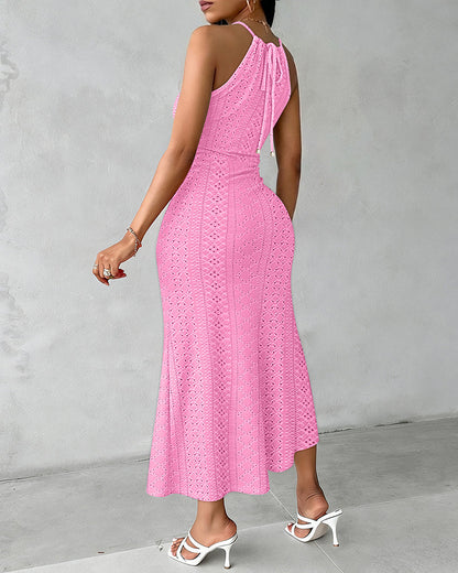Adjustable Halter Hollow-out Back Ruched Front Slit Dress Guipure Lace Yoke Eyelet Embroidery Vacation Dress