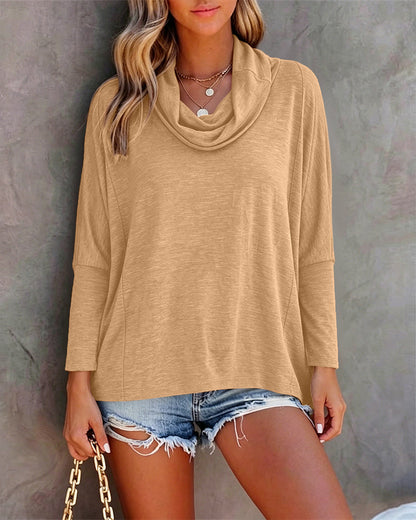 Women's Cowl Neck Batwing Sleeve Top Casual Long Sleeve Loose Pullover Comfortable Soft Drape Blouse