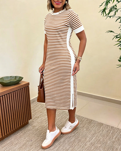 Women's Striped Colorblock Midi T-Shirt Dress Casual Crew Neck Waist-Cinching Slit Dress with Pockets