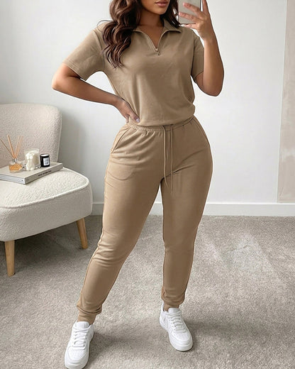 Women's 2-Piece Sporty Set Short Sleeve Half Zip Top and High Waisted Joggers Casual Lounge Outfit with Pockets