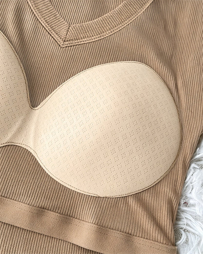 Women's V Neck Long Sleeve Ribbed Knit Top Slim Fit Base Layer Shirt Soft Stretchy Casual Tee with Built-in Bra