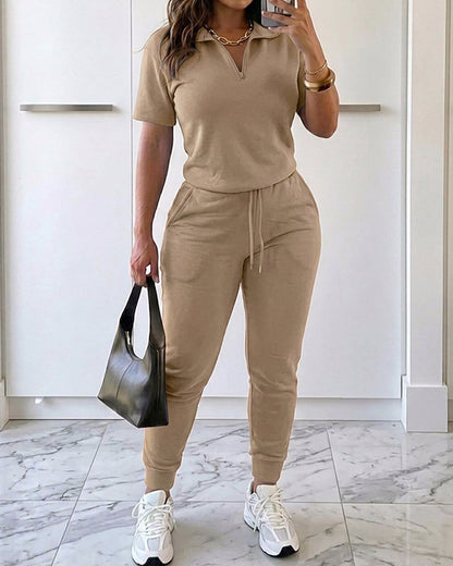 Women's 2-Piece Sporty Set Short Sleeve Half Zip Top and High Waisted Joggers Casual Lounge Outfit with Pockets