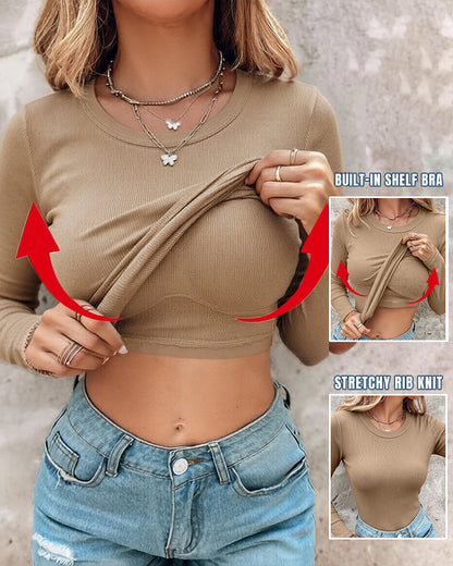 Women's Crewneck Long Sleeve Ribbed Knit Top Slim Fit Base Layer Shirt Soft Stretchy Casual Tee with Built-in Bra