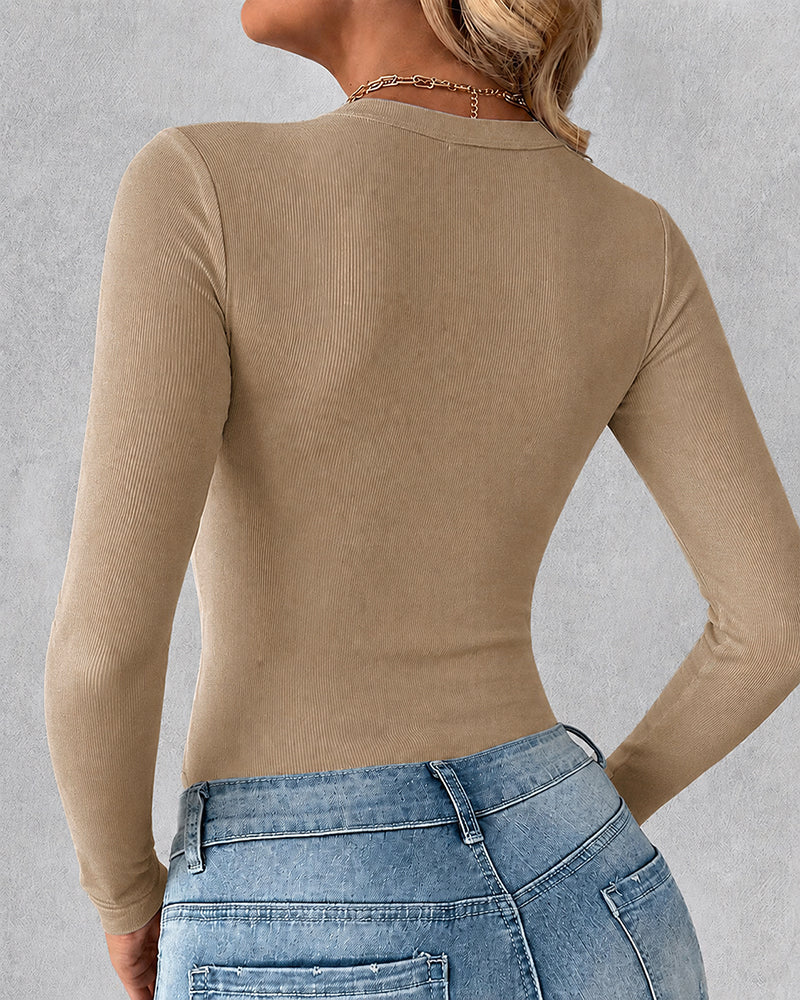 Women's Crewneck Long Sleeve Ribbed Knit Top Slim Fit Base Layer Shirt Soft Stretchy Casual Tee with Built-in Bra