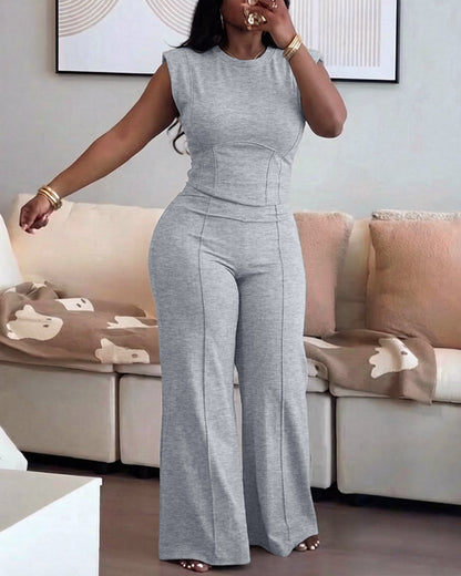 2 Pieces Outfit O-neck Sleeveless Padded Shoulders Cinched Waist Crop Top and Elastic Waist Seam Front Wide Leg Pants Set