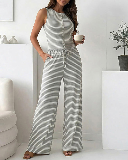Women's Striped 2 Piece Set Sleeveless Button Knit Top and Elastic Drawstring Pants Casual Loungewear