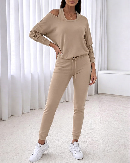 Women's 3 Piece Tracksuit Set Cold Shoulder Sweatshirt and Tank Top and High Waisted Jogger Pants Casual Lounge Workout Outfit