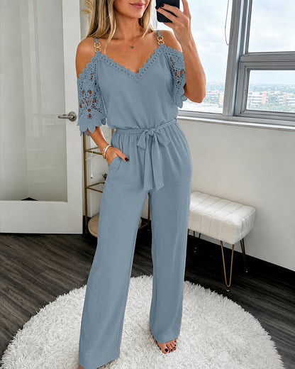 Women's Cold Shoulder Jumpsuit Gold Chain Lace Patchwork Overalls Tapered Leg Jumpsuits with Pockets & Belt