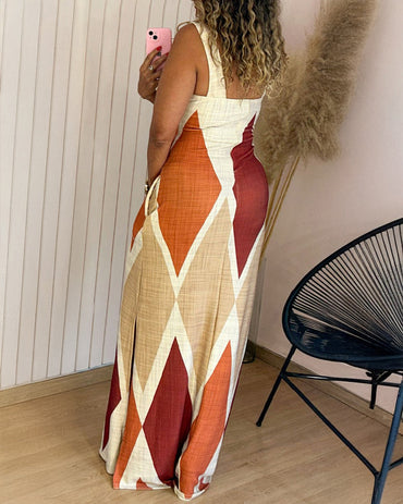 Geometric Print Square Neck Thick Strap Vacation Dress Casual Slim Fit Slit Maxi Dress