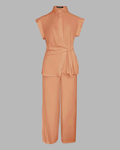 2 Pieces Outfit Turn-down Collar Cap Sleeve Button Front Tied Detail Top and Casual Zipper Fly Elastic Back Waist Wide-Leg Pants Set