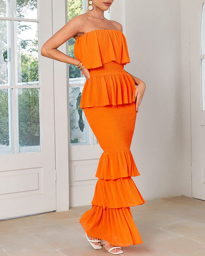 Layered Ruffle Shirred Slim Fit Strapless Dress Textured Maxi Party Dress