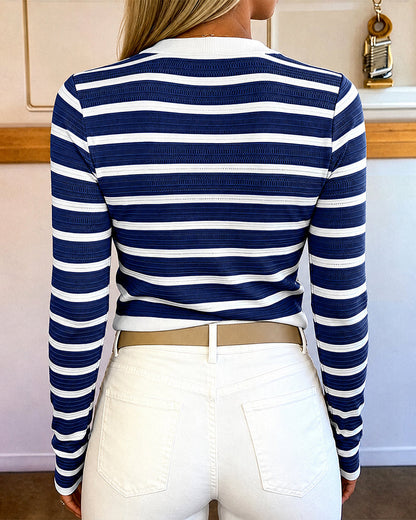Women's Striped Knit Top Gold Button Long Sleeve Pullover Crewneck Slim Fit Knitwear Contrast Binding Sweater