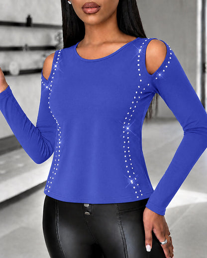 Women's Long Sleeve Top Sparkly Rhinestone Cutout Tee Slim Fit Round Neck T-Shirt