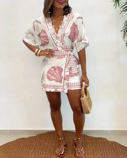 Starfish & Seashell Print Overlap V Neck Half Sleeve Wrap Knot Side Romper Casual Stretchy Back Waist Vacation Romper