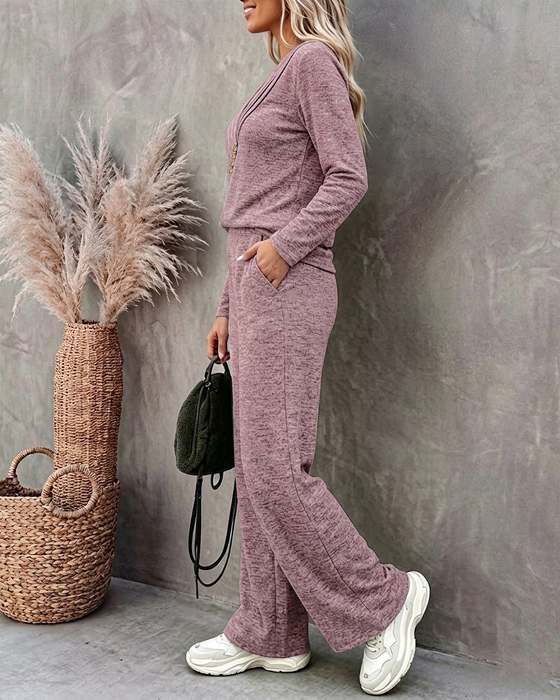Women's 2 Piece Lounge Set V-Neck Criss-Cross Pleated Long Sleeve Top and High Waisted Straight Leg Pants with Pockets
