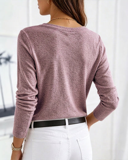 Women's V-Neck Button Decor Knit Top Long Sleeve Slimming Tee with Chest Pocket Casual Soft Pullover
