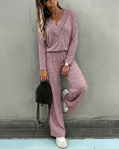Women's 2 Piece Lounge Set V-Neck Criss-Cross Pleated Long Sleeve Top and High Waisted Straight Leg Pants with Pockets