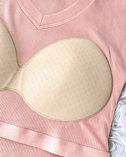 Women's V Neck Long Sleeve Ribbed Knit Top Slim Fit Base Layer Shirt Soft Stretchy Casual Tee with Built-in Bra
