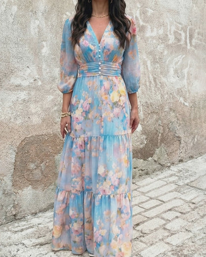 ChicMeLive Women's Watercolor Floral V-Neck Shirred High Waist Maxi Dress Three Quarters Lantern Sleeve A-Line Ruffle Hem Chiffon Vacation Dress