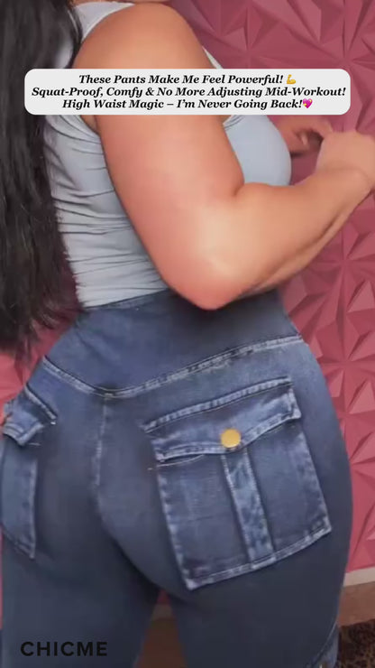 High Waist Tummy Control Butt Lifting Denim Look Leggings Stretchy Yoga Pants with Flap Pockets