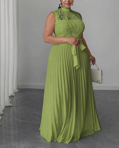 Mock Neck Sleeveless high Waist Pleated Maxi Dress Elegant Lace & Braided Spliced Zipper Back Evening Dress with Belt