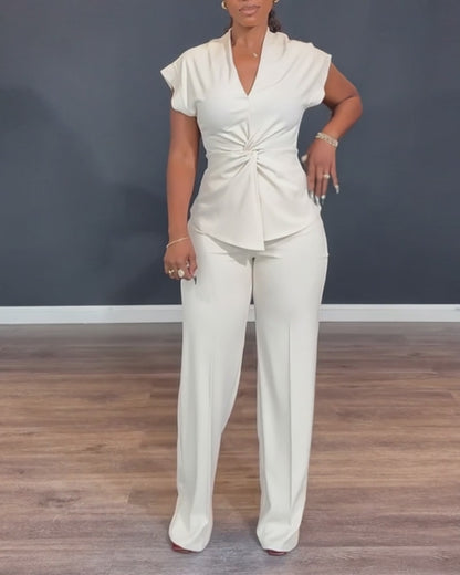 2 Pieces Outfit V-Neck Short Sleeve Twist Front Zipper Back Top and Straight Leg Pants Set Casual Commuting Set