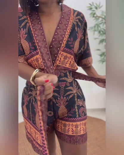 Women's Tropical Print Romper V Neck Wrap Knot Side Jumpsuit Half Sleeve Beach Vacation Summer Skorts Romper