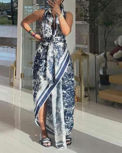 Vintage Ink Print Turn-down Collar Sleeveless Butto Front Maxi Dress Casual Zipper Back Tie Waist Side High Slit Vacation Dress with Belt