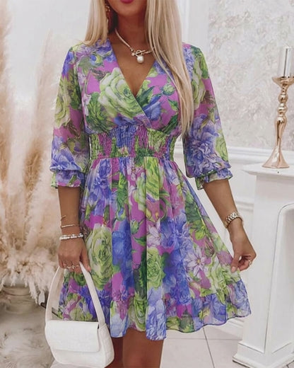 Floral Print Overlap V Neck Long Sleeve Shirred Waist Ruffle Hem Dress Casual Cinched Waist Flared Cuffs Chiffon Vacation Dress with Lining